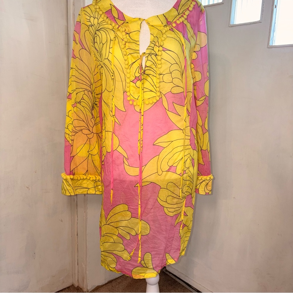 Milly Pink Yellow Floral Cotton Tunic Designer Cover Up Pom Pom Trim Size 10